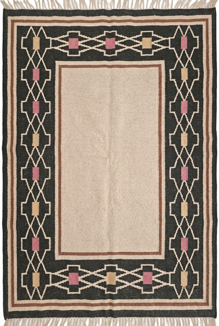 Mesa Tribal Border Solid Cream Center & Black Cotton Wool Dhurrie