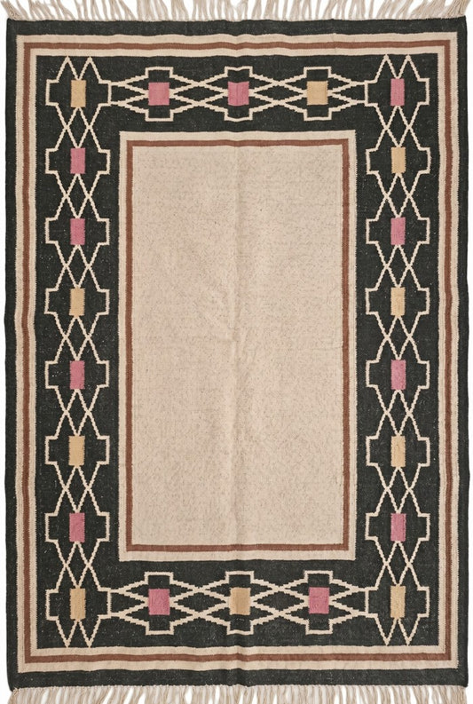 Mesa Tribal Border Solid Cream Center & Black Cotton Wool Dhurrie