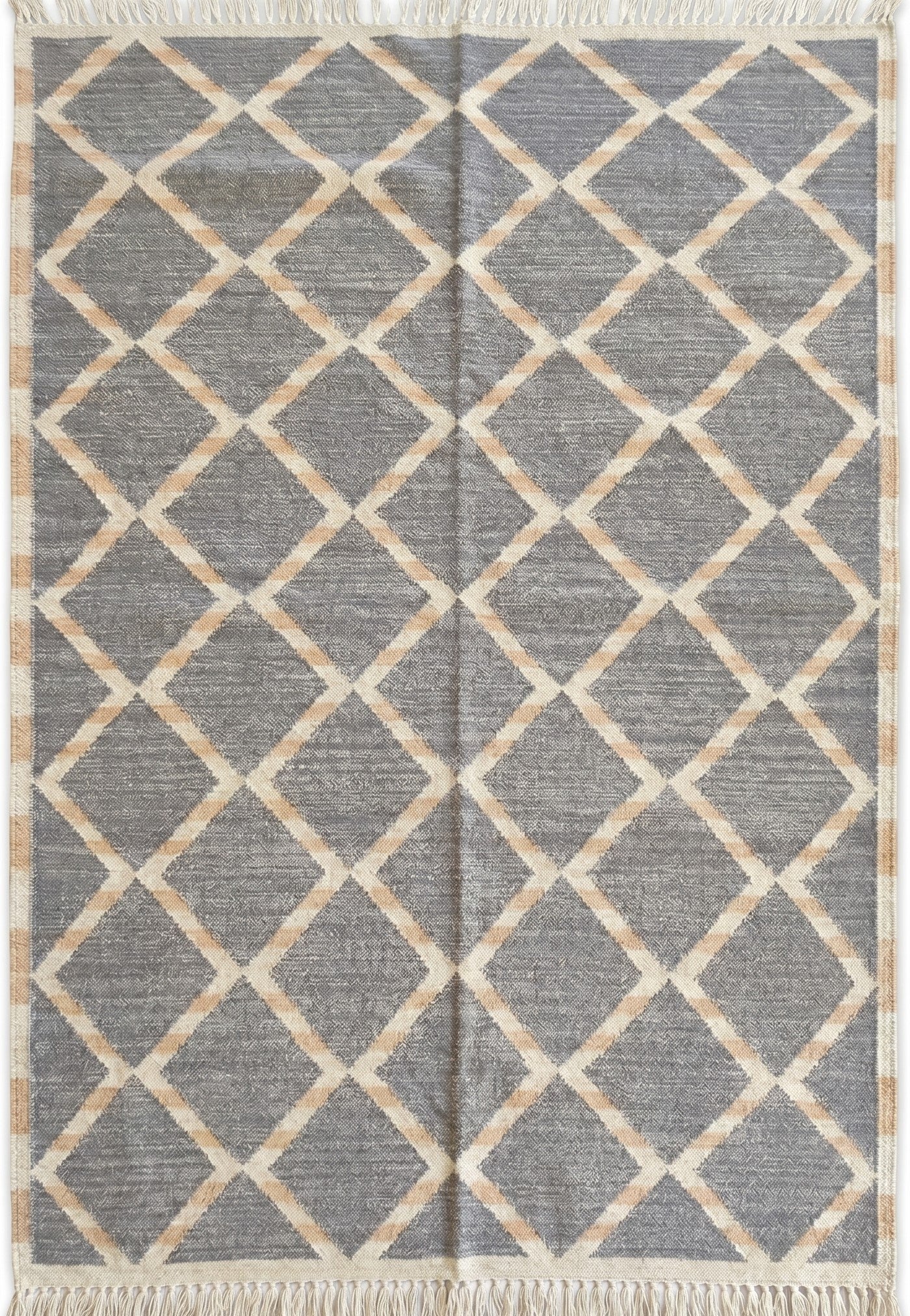 Slate Diamond Lattice Modern Grey and Beige Wool Cotton Dhurrie Rug