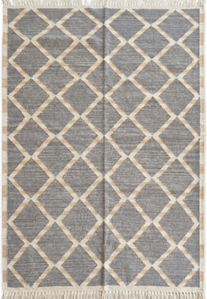 Slate Diamond Lattice Modern Grey and Beige Wool Cotton Dhurrie Rug