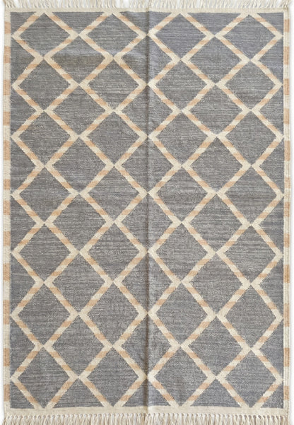Slate Diamond Lattice Modern Grey and Beige Wool Cotton Dhurrie Rug