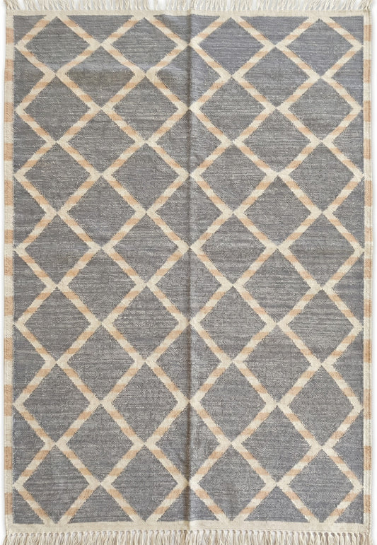 Slate Diamond Lattice Modern Grey and Beige Wool Cotton Dhurrie Rug
