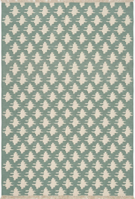 Sage Desert Diamond - Modern Mint Green & Cream Wool Cotton Dhurrie Rug