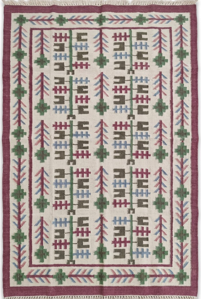 Heritage Berry Meadow Colorful Geometric Tree Motif Wool Cotton Dhurrie Rug