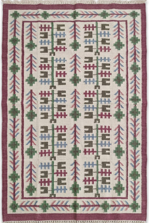 Heritage Berry Meadow Colorful Geometric Tree Motif Wool Cotton Dhurrie Rug