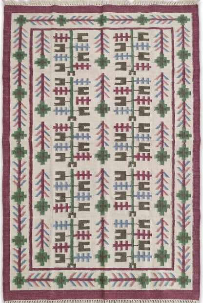 Heritage Berry Meadow Colorful Geometric Tree Motif Wool Cotton Dhurrie Rug