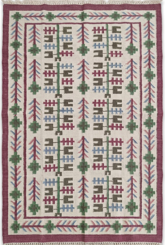 Heritage Berry Meadow Colorful Geometric Tree Motif Wool Cotton Dhurrie Rug