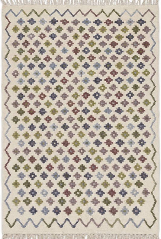 Mosaic Chevron Meadow Muted Multi-Color Geometric Wool Cotton Dhurrie Rug
