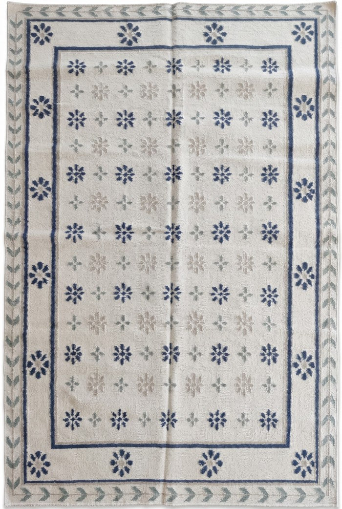 Handwoven French Country Blue & Cream Floral Wool Cotton Dhurrie Rug