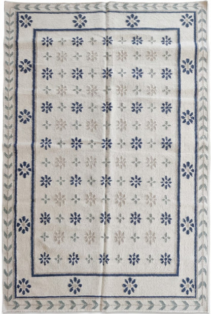 Handwoven French Country Blue & Cream Floral Wool Cotton Dhurrie Rug