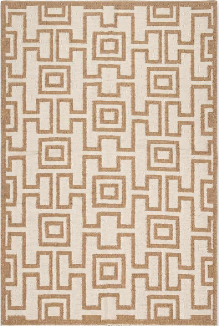 Camel Geometric Maze Modern Tan and Cream Greek Key Wool Cotton Dhurrie Rug