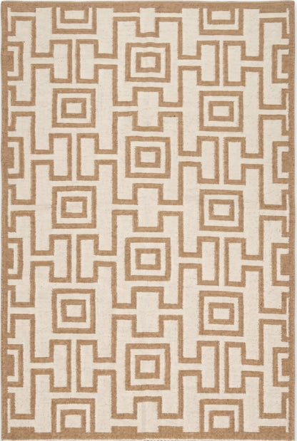 Camel Geometric Maze Modern Tan and Cream Greek Key Wool Cotton Dhurrie Rug