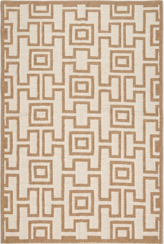 Camel Geometric Maze Modern Tan and Cream Greek Key Wool Cotton Dhurrie Rug