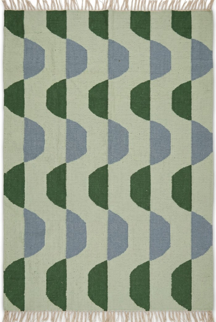 Sage Scallop Wave Modern Abstract Geometric Wool Cotton Dhurrie Rug