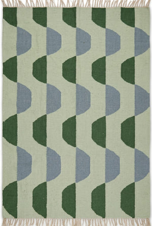 Sage Scallop Wave Modern Abstract Geometric Wool Cotton Dhurrie Rug