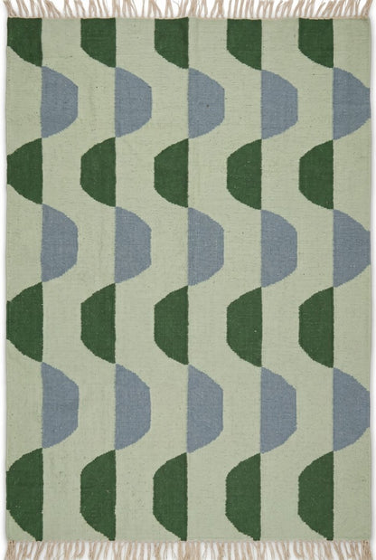Sage Scallop Wave Modern Abstract Geometric Wool Cotton Dhurrie Rug