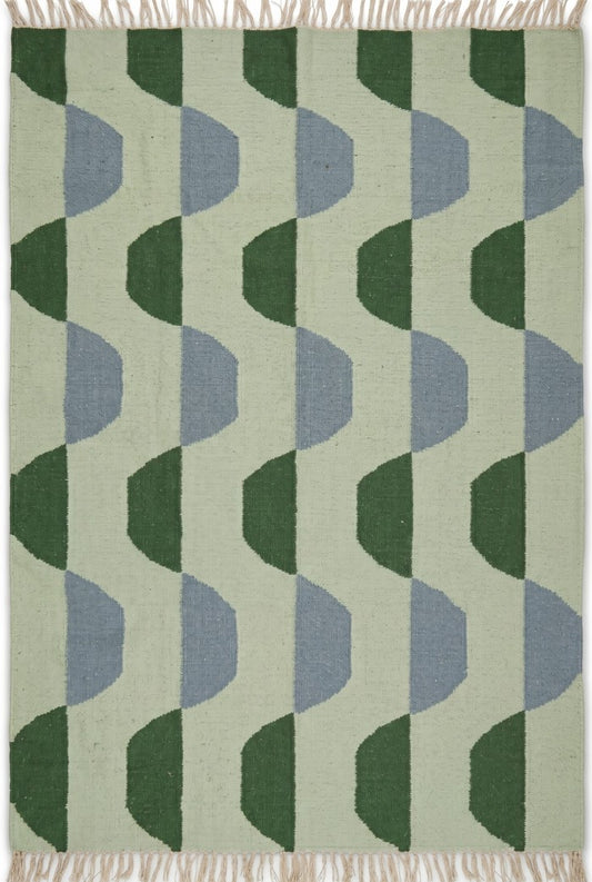 Sage Scallop Wave Modern Abstract Geometric Wool Cotton Dhurrie Rug