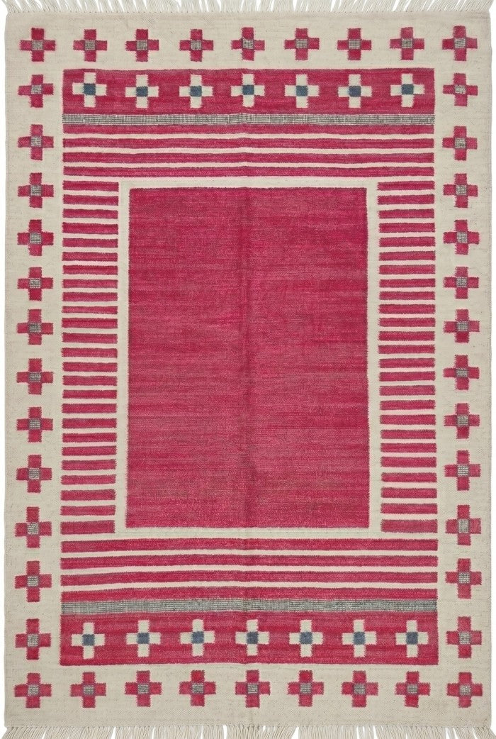 Crimson Nomad Border Magenta Pink & Cream Wool Cotton Dhurrie Rug