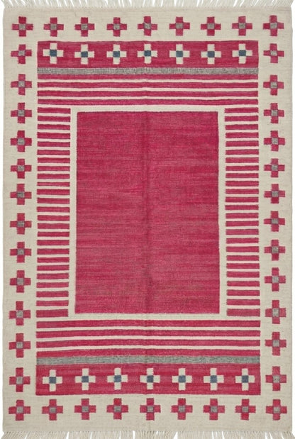 Crimson Nomad Border Magenta Pink & Cream Wool Cotton Dhurrie Rug