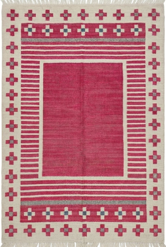 Crimson Nomad Border Magenta Pink & Cream Wool Cotton Dhurrie Rug