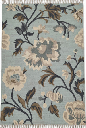French Blue Peony Vintage Floral Wool Cotton Dhurrie Rug,