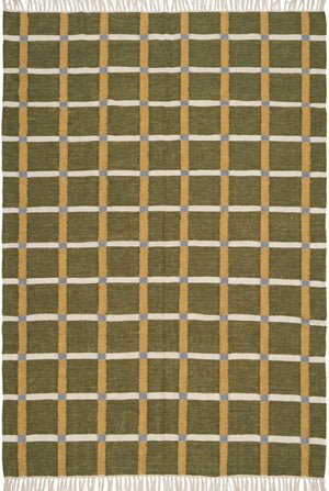 Moss & Ochre Plaid - Modern Olive Green & Mustard Wool Cotton Dhurrie Rug