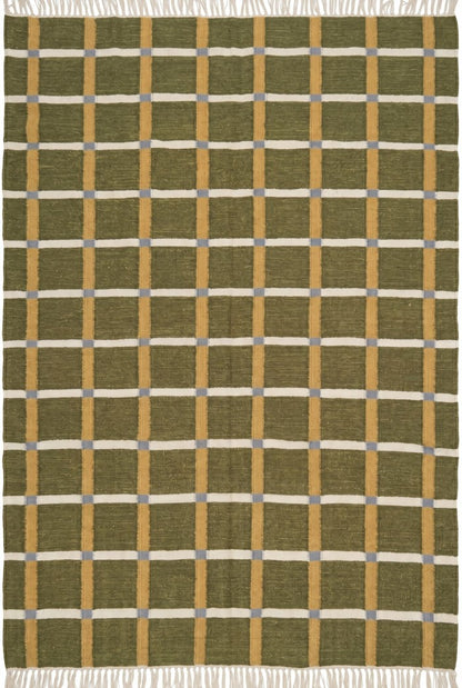 Moss & Ochre Plaid - Modern Olive Green & Mustard Wool Cotton Dhurrie Rug