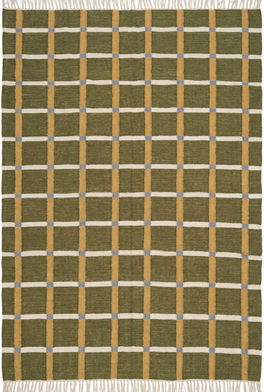 Moss & Ochre Plaid - Modern Olive Green & Mustard Wool Cotton Dhurrie Rug