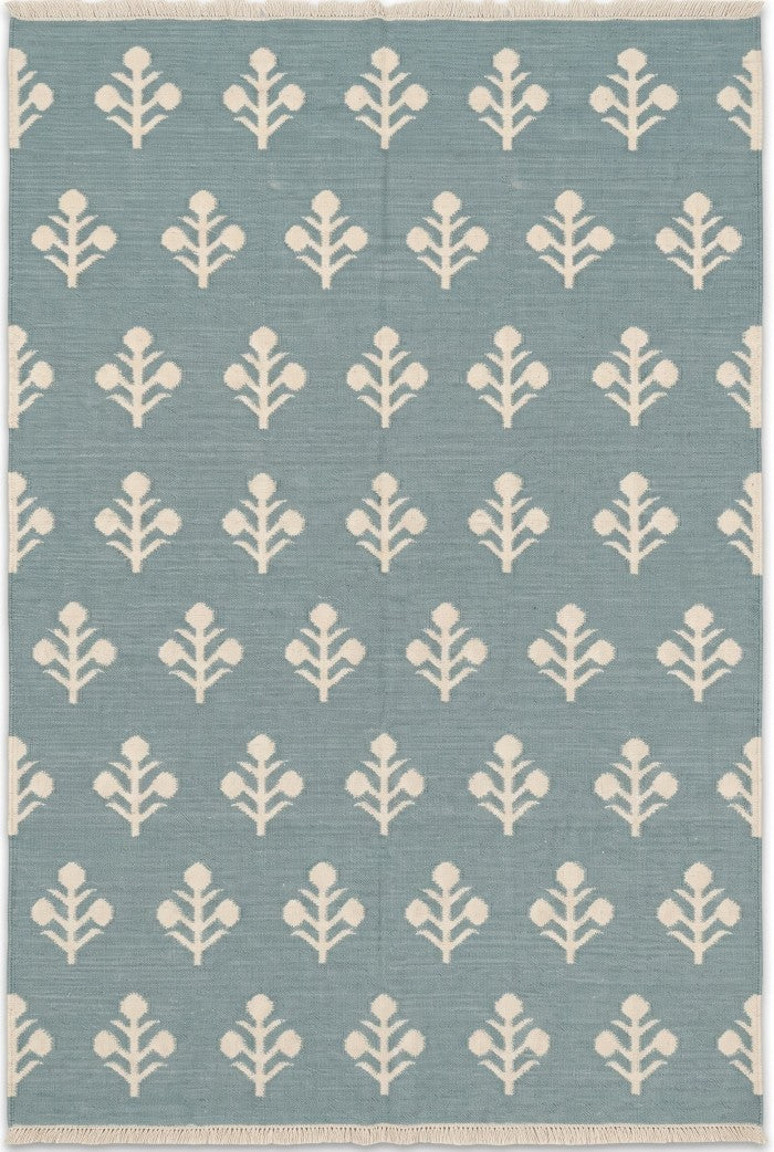Serene Slate Tulips Modern Blue and Cream Botanical Wool Cotton Dhurrie Rug