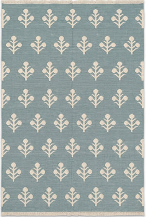 Serene Slate Tulips Modern Blue and Cream Botanical Wool Cotton Dhurrie Rug