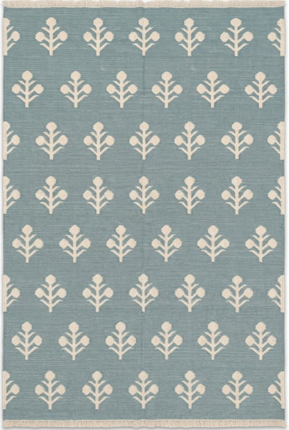 Serene Slate Tulips Modern Blue and Cream Botanical Wool Cotton Dhurrie Rug