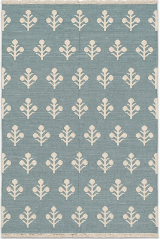 Serene Slate Tulips Modern Blue and Cream Botanical Wool Cotton Dhurrie Rug
