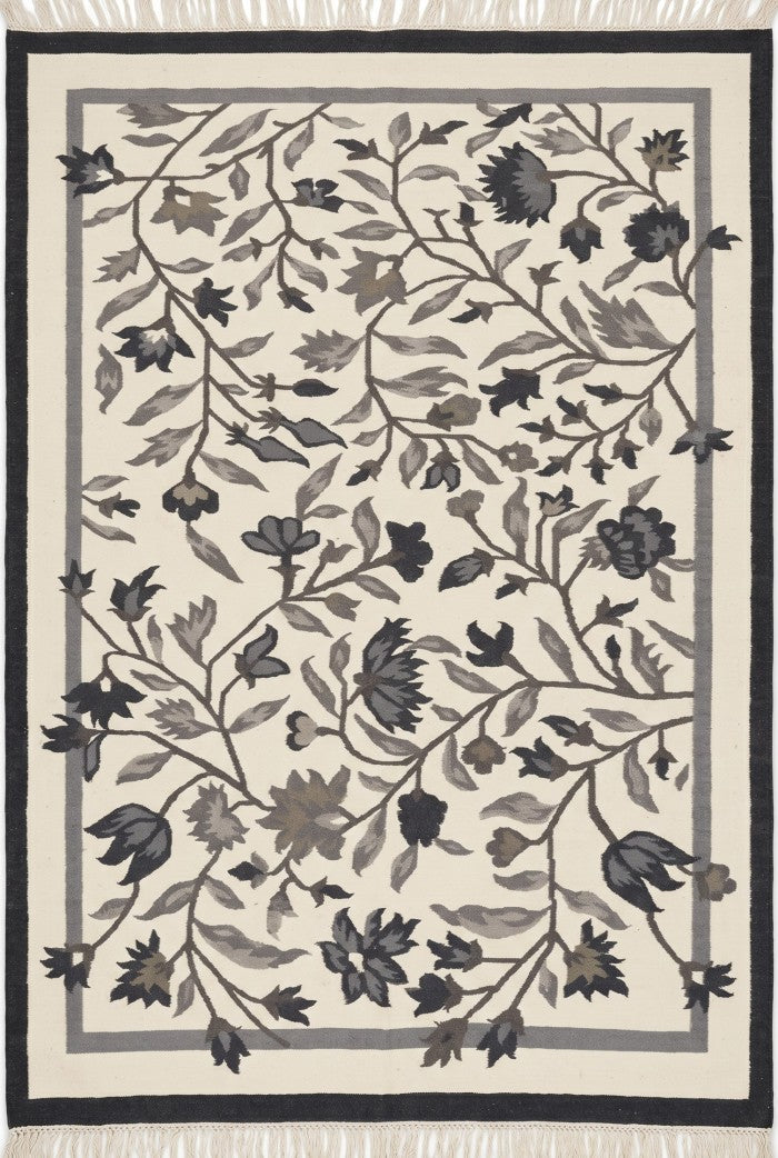 Onyx Botanical Vine Modern Black and Cream Floral Wool Cotton Dhurrie Rug