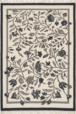 Onyx Botanical Vine Modern Black and Cream Floral Wool Cotton Dhurrie Rug