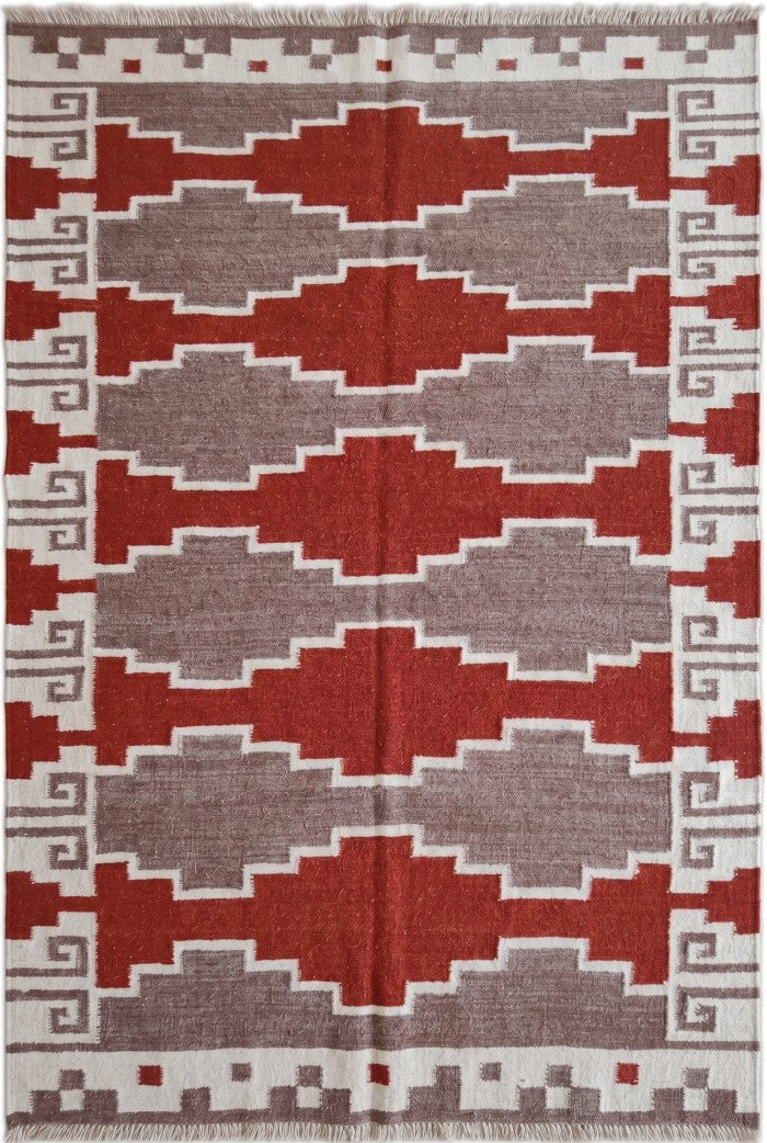 Terracotta Canyon Mesa Southwestern Rust Red & Grey Wool Cotton Dhurrie Rug