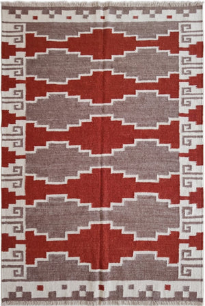 Terracotta Canyon Mesa Southwestern Rust Red & Grey Wool Cotton Dhurrie Rug