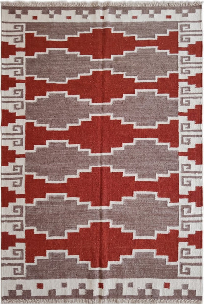 Terracotta Canyon Mesa Southwestern Rust Red & Grey Wool Cotton Dhurrie Rug