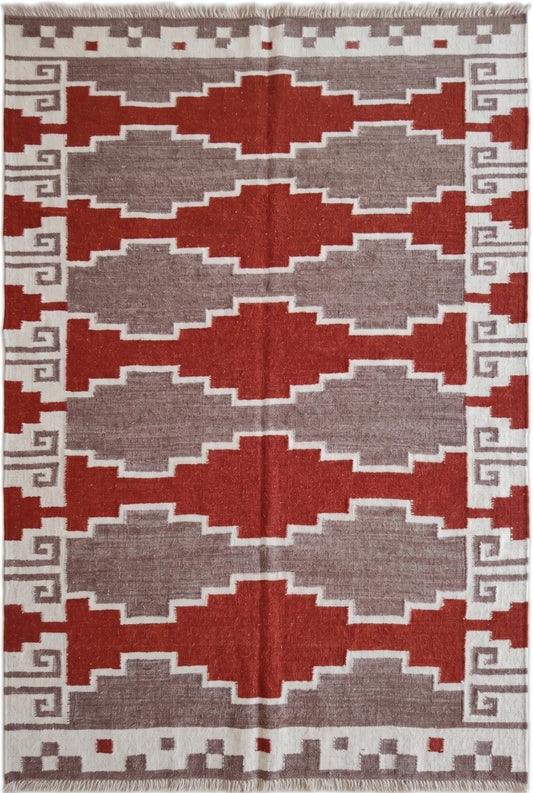 Terracotta Canyon Mesa Southwestern Rust Red & Grey Wool Cotton Dhurrie Rug