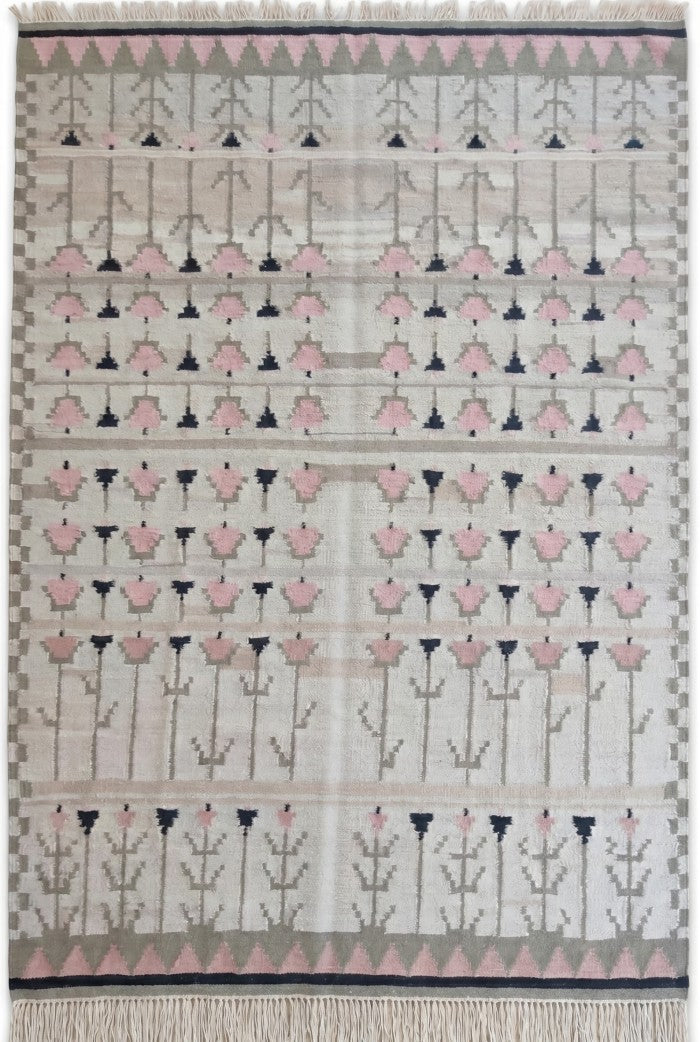 Pastel Tulip Meadow Modern Pink & Grey Botanical Wool Cotton Dhurrie Rug