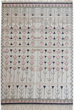 Pastel Tulip Meadow Modern Pink & Grey Botanical Wool Cotton Dhurrie Rug
