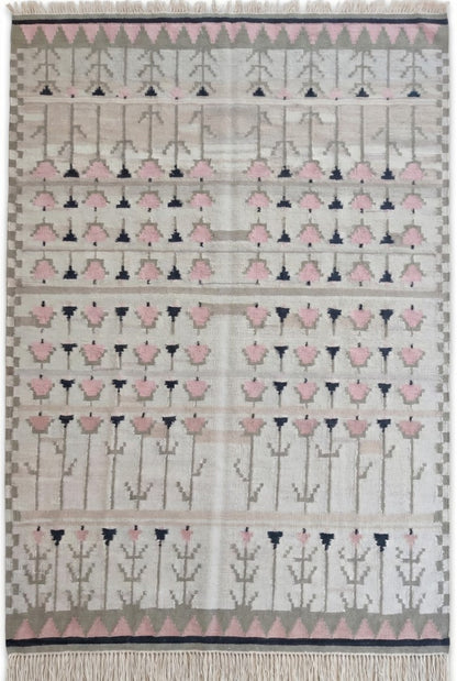 Pastel Tulip Meadow Modern Pink & Grey Botanical Wool Cotton Dhurrie Rug