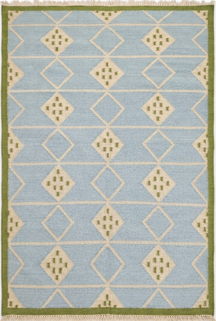 Azure Diamond Lattice Modern Powder Blue & Green Wool Cotton Dhurrie Rug