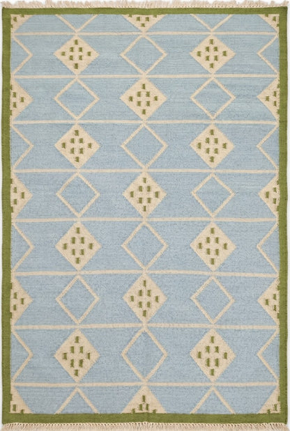 Azure Diamond Lattice Modern Powder Blue & Green Wool Cotton Dhurrie Rug