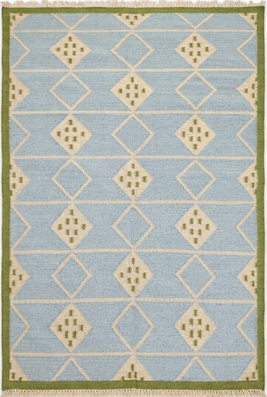 Azure Diamond Lattice Modern Powder Blue & Green Wool Cotton Dhurrie Rug