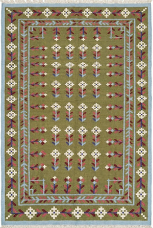 Olive Meadow Vine Traditional Botanical Motif Flatweave Area Rug