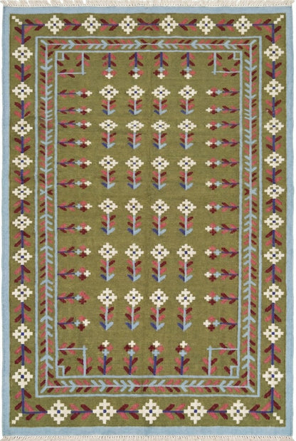 Olive Meadow Vine Traditional Botanical Motif Flatweave Area Rug
