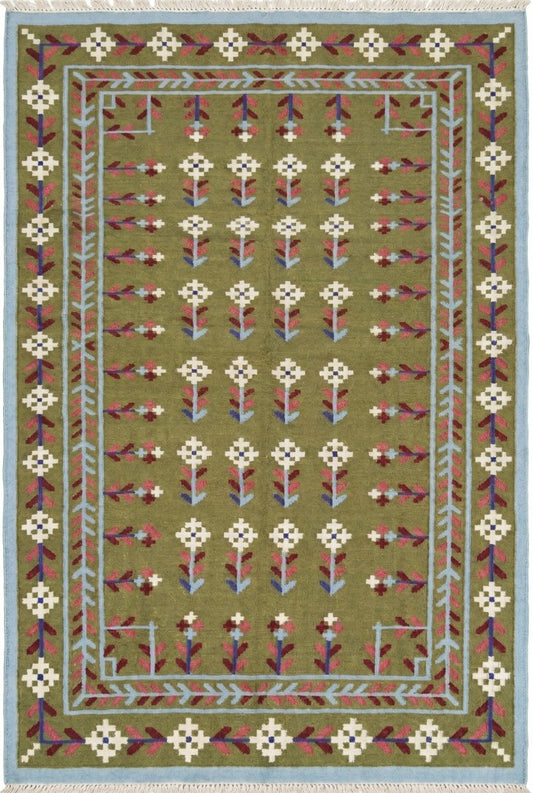 Olive Meadow Vine Traditional Botanical Motif Flatweave Area Rug