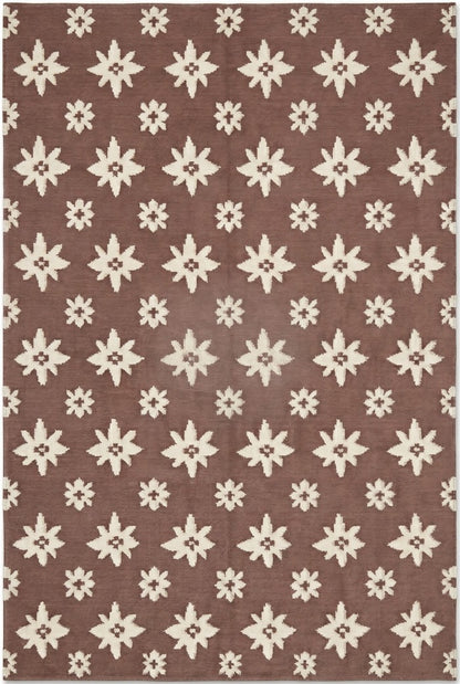 Chestnut Starburst Blossom Earthy Brown & Cream Wool Cotton Dhurrie Rug