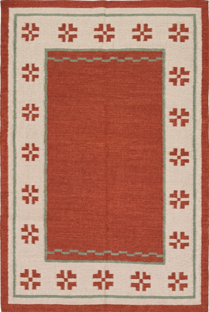 Terracotta Oasis Border Rust Red & Cream Wool Cotton Dhurrie Rug