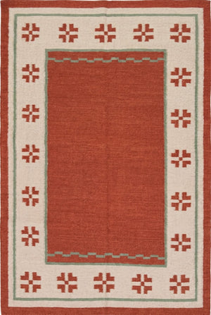 Terracotta Oasis Border Rust Red & Cream Wool Cotton Dhurrie Rug